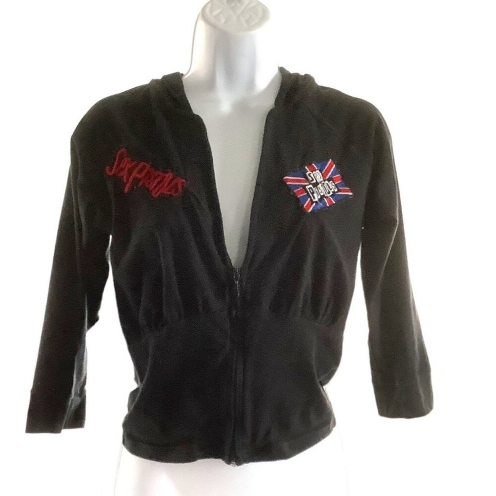 SEX PISTOLS XS Fitted Full Patch Zip Hoodie Jacket Punk Rock Band Black Upcycled